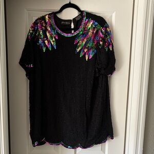Short Sleeve Black Sequin Blouse